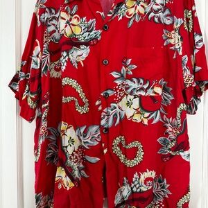 Vtg Hawaiian Red Floral Guitar Print Top, XL